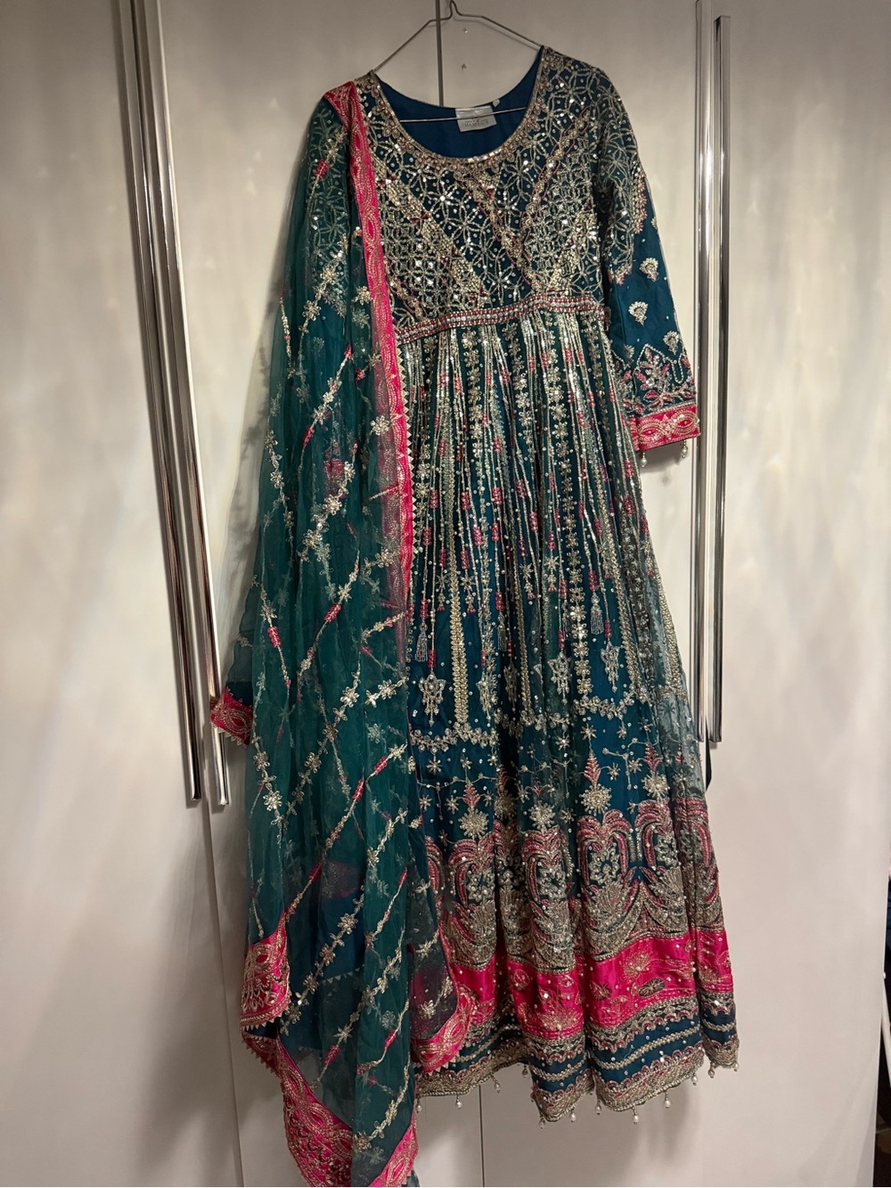 Embroidered Teal & Pink Anarkali Dress Pakistani and Indian dress